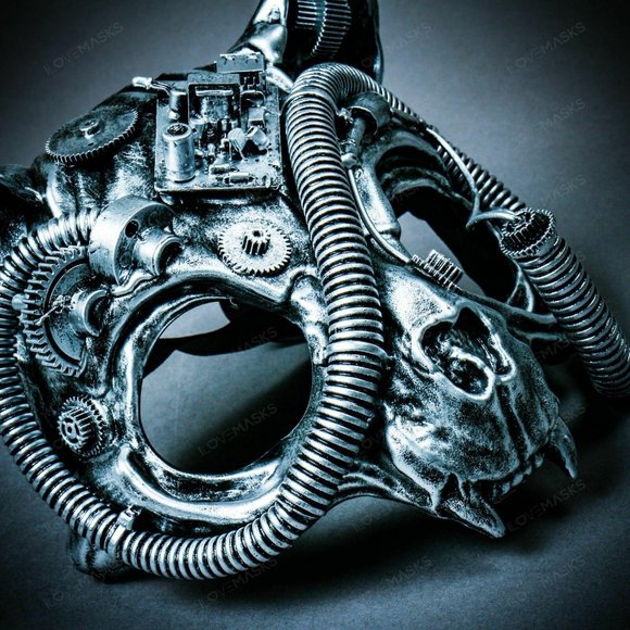 Silver Steampunk Vampire Skull Cat Face Party Mask - Picture 7 of 8